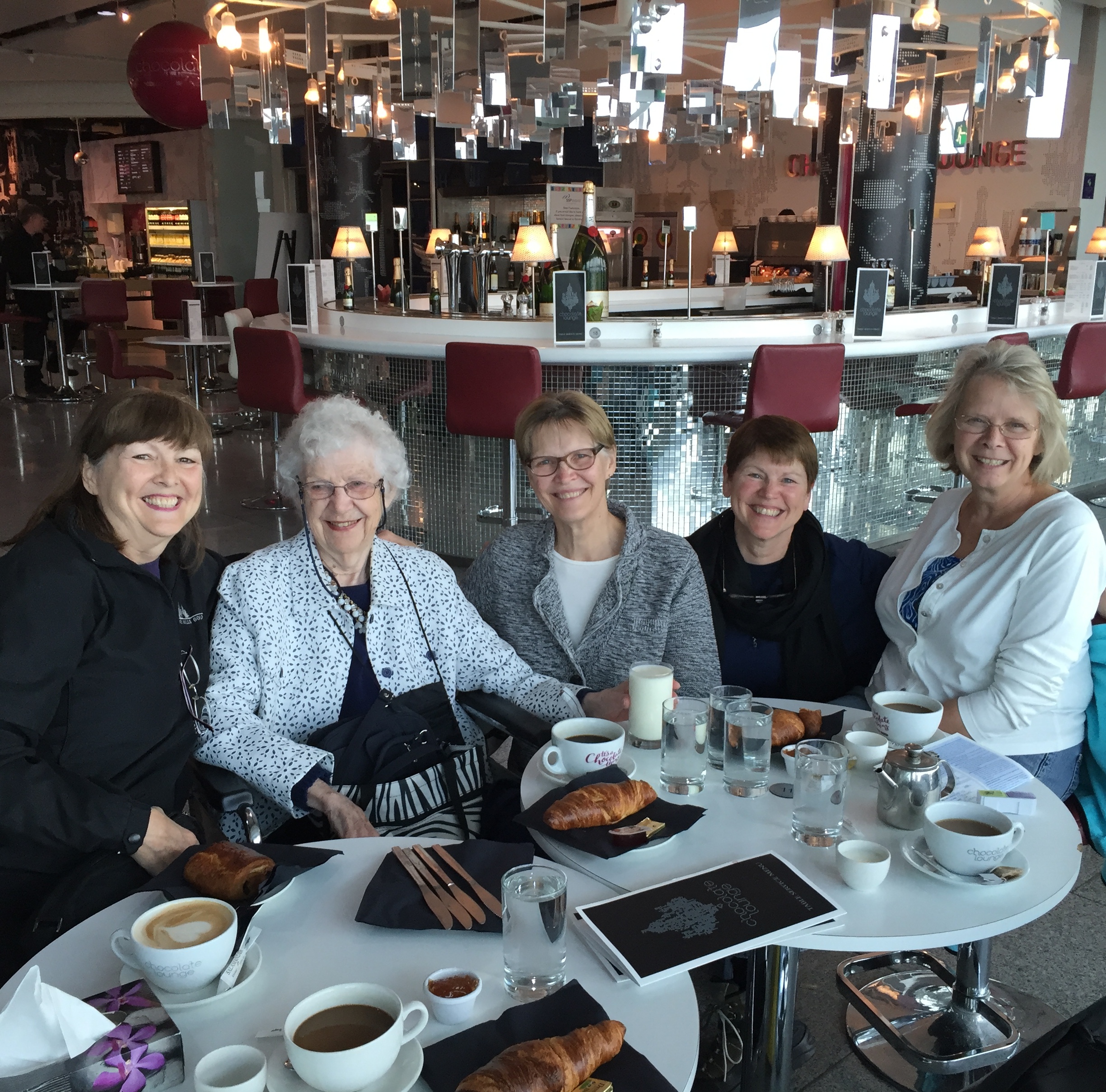 At the Dublin Airport -- our last breakfast in Ireland. From left: Martha, Roberta, Sara, Molly and Annis. Photo by our waiter.